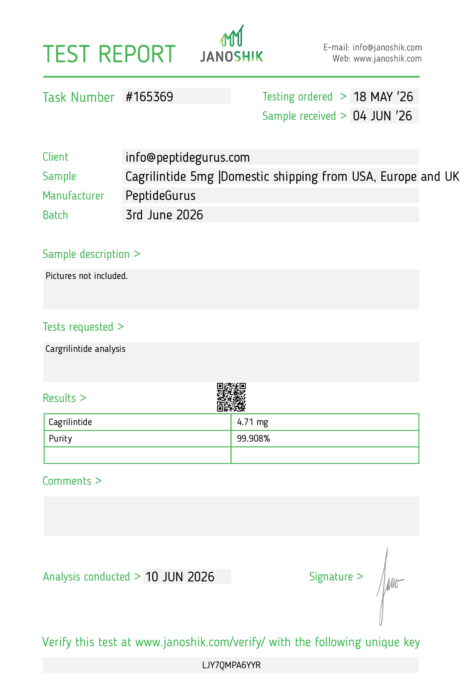 Test Report Peptidegurus Cagrilintide 5mg June 2026