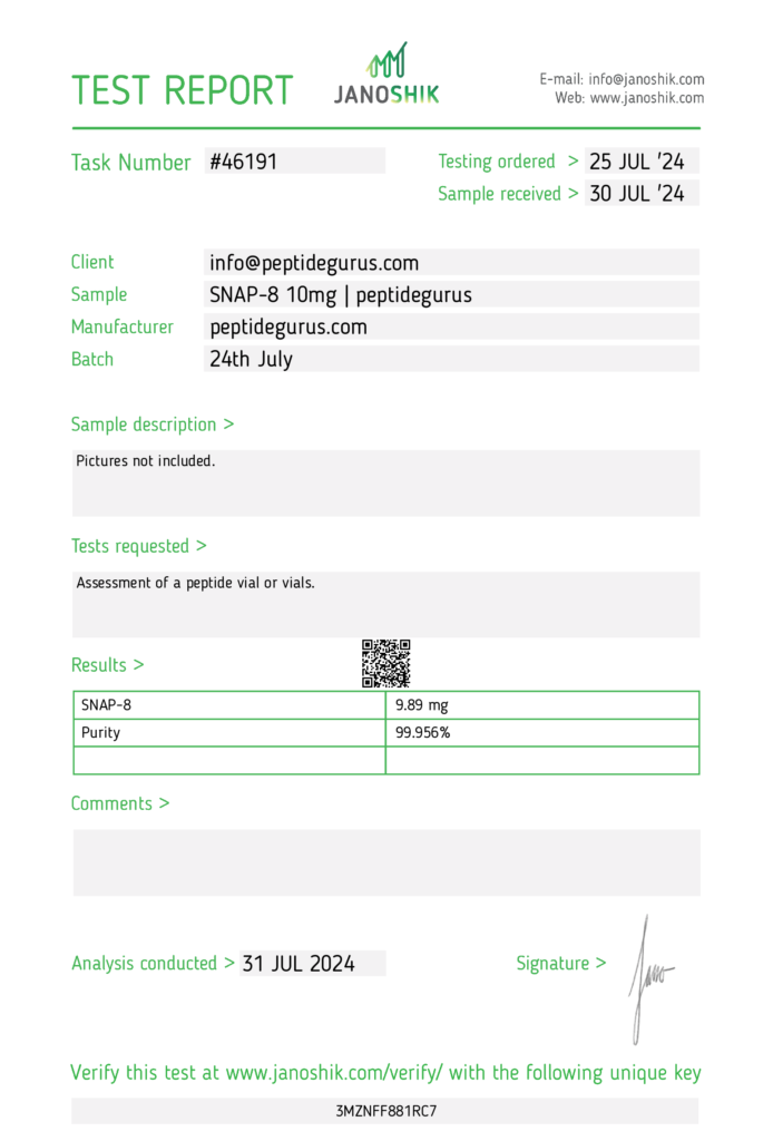 Test Report #SNAP8 PeptideGurus FAQs