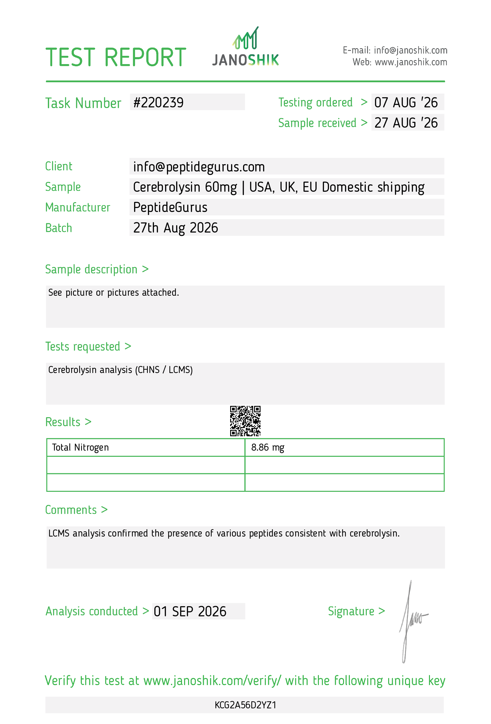 Test Report PeptideGurus Cerebrolysin 60mg Sept 2026